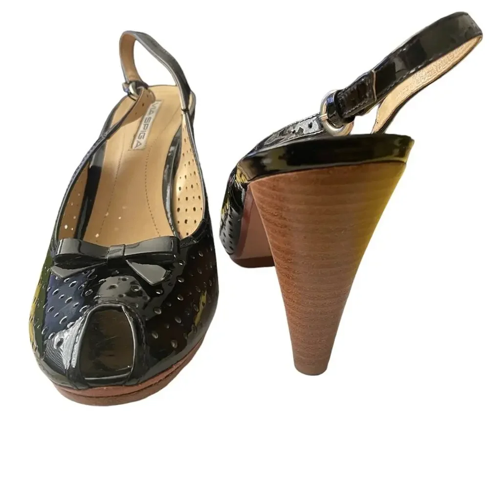 Via Spiga Sling Back Heels 9.5 Classic Perforated Leather Bow Peep Toe Black - Picture 3 of 9